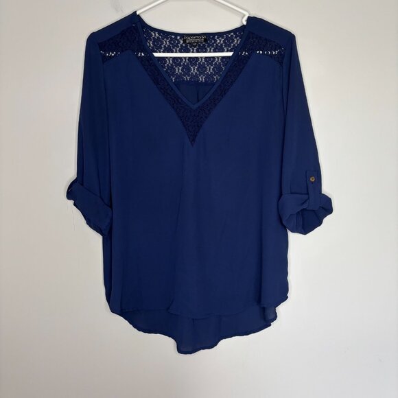 PAPERMOON Stitch Fix V-Neck Roll Tab Sleeve Tunic Womens PL Crochet Flowy Blue - Picture 5 of 7